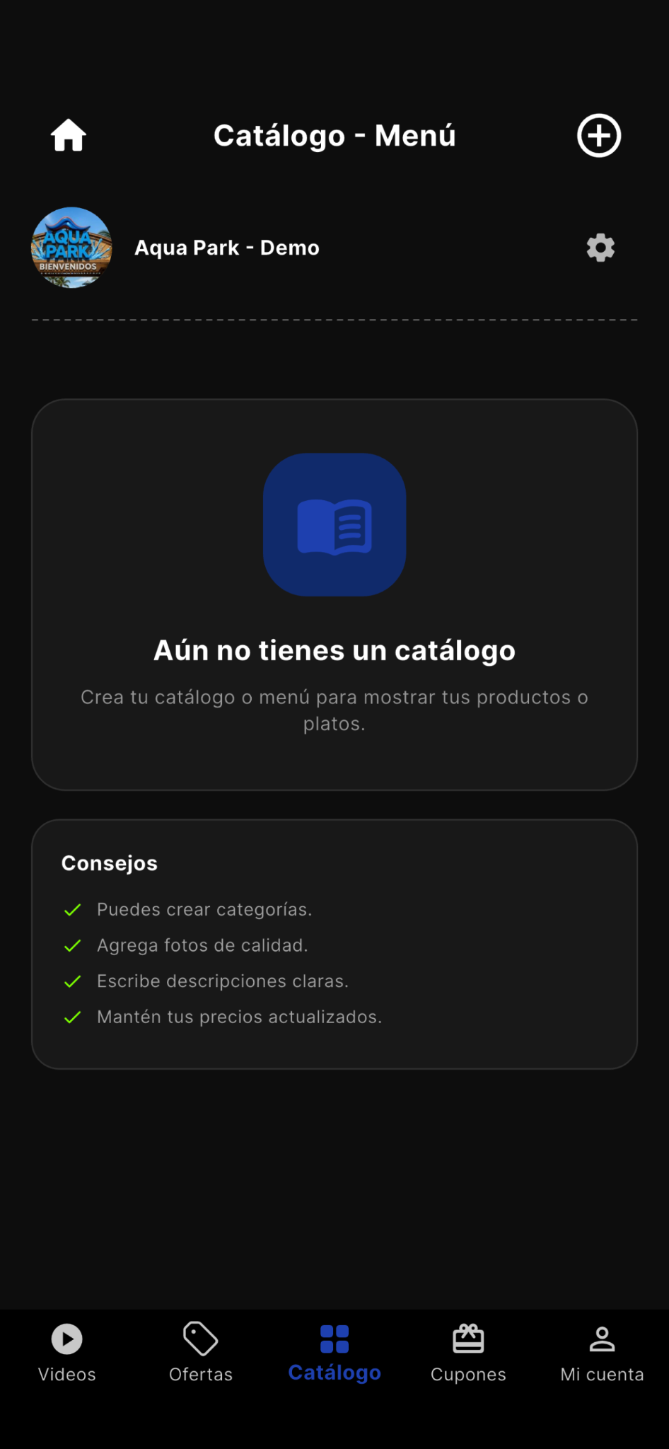 Vista de la aplicación Biz abierta en la sección Catálogo